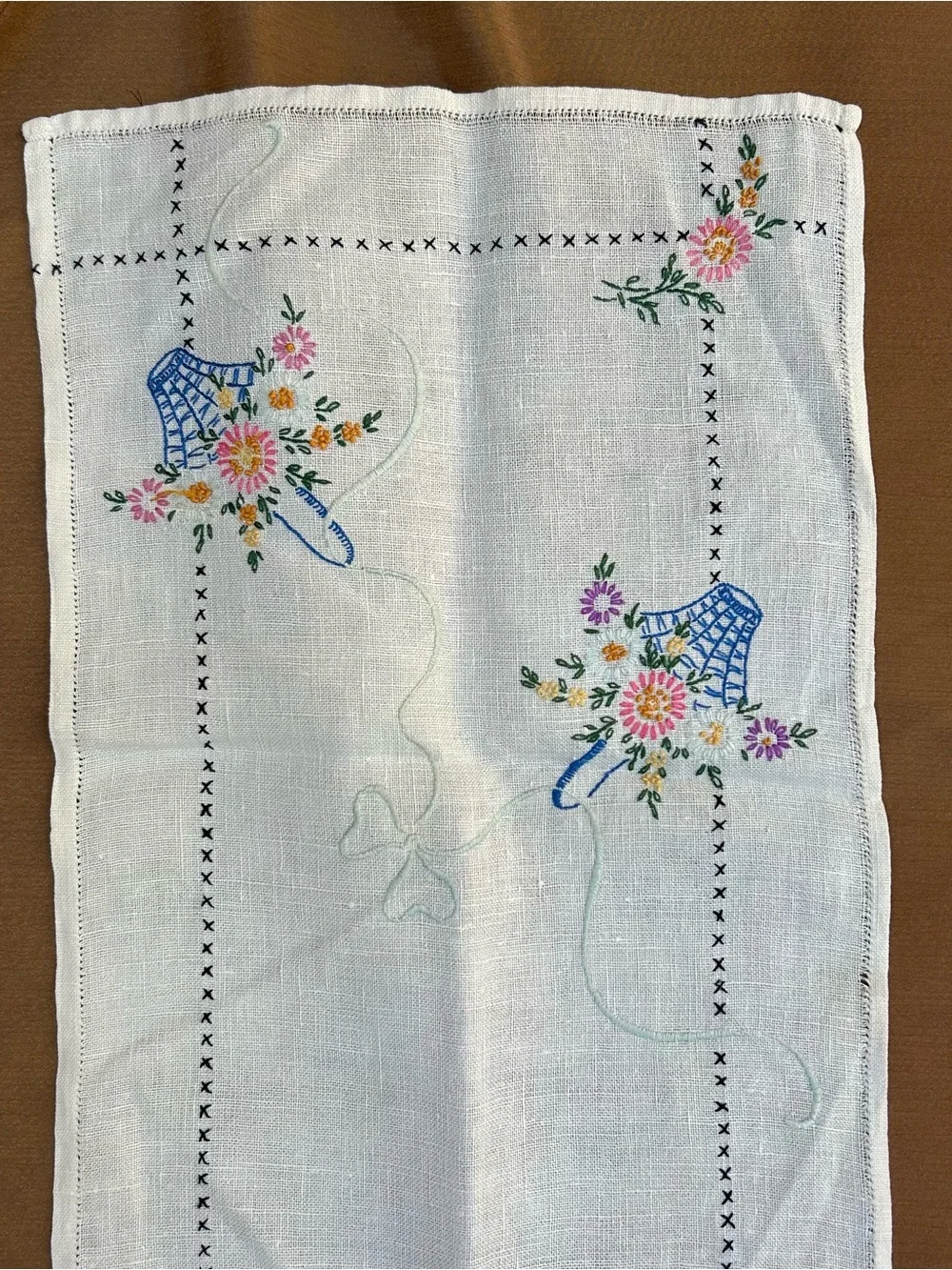 Vintage Hand-embroidered Runner Basket Floral Cross Stitch 40